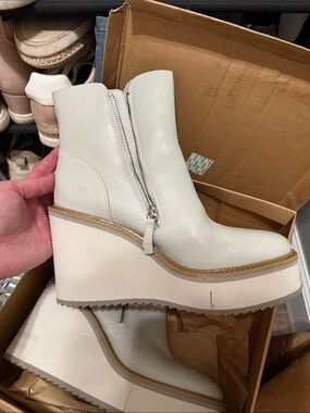 Naked Feet Cream White Platform Wedge Ankle Boots with Side Zip